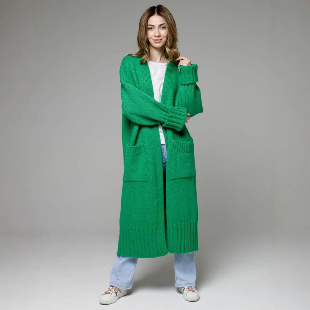 Damen bequemer langer Strickcardigan mit Taschen und breiten Ärmeln EB