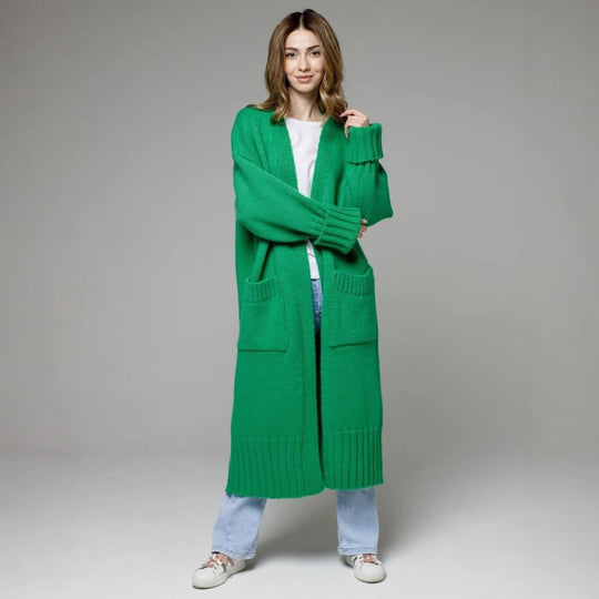Damen bequemer langer Strickcardigan mit Taschen und breiten Ärmeln EB