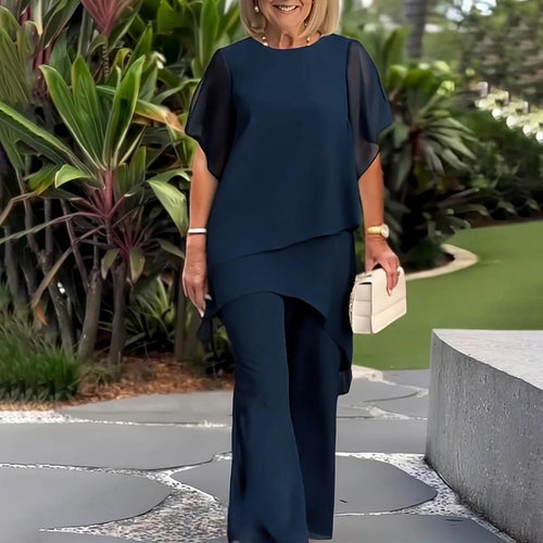 Damen elegantes Ensemble aus fließendem Oberteil und weitem Hose EB