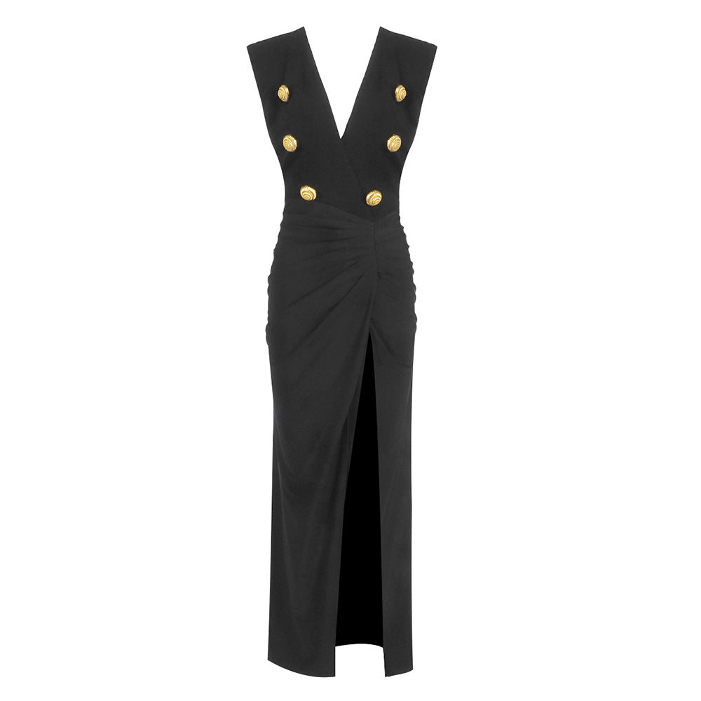 Damen Elegantes langes Kleid mit tiefem V-Ausschnitt und drapiertem Rock EB