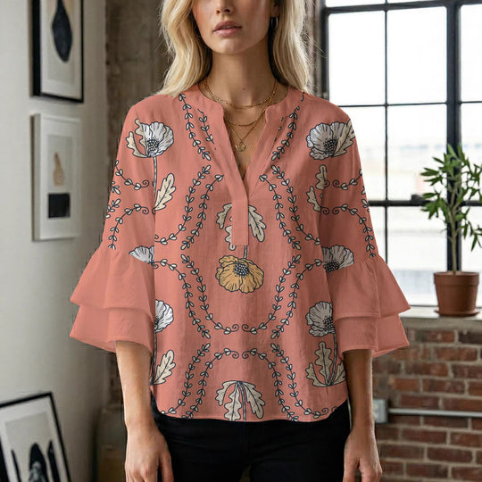 Damen Bluse mit voluminösen Rüschenärmeln und kreativem Floraldesign EB