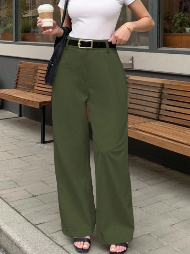 Damen Elegante und bequeme High-Waist Stoffhose mit breitem Bein EB