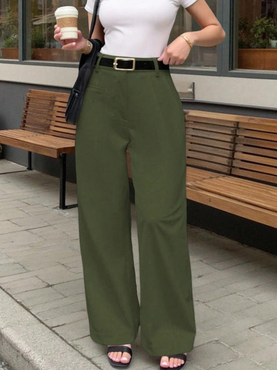 Damen Elegante und bequeme High-Waist Stoffhose mit breitem Bein EB