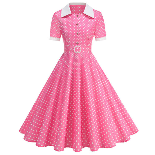 Damen Vintage Polka-Dot Kleid mit Schößchen und Kragen EB