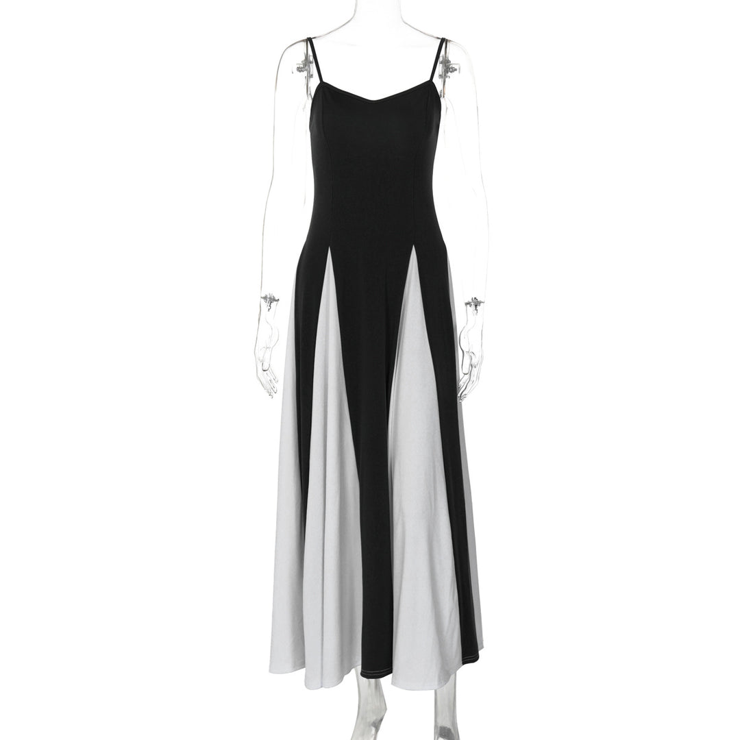 Damen Elegantes Maxikleid mit diagonalen Farbakzenten und schmalen Spaghettiträgern EB