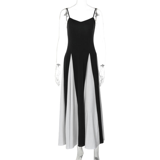 Damen Elegantes Maxikleid mit diagonalen Farbakzenten und schmalen Spaghettiträgern EB