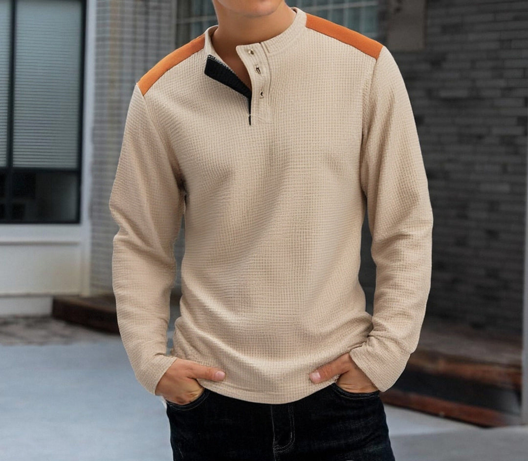 Herren nan strukturiertes Henley-Langarmshirt mit Stehkragen, Schulterpaspel und Waffelstruktur EB