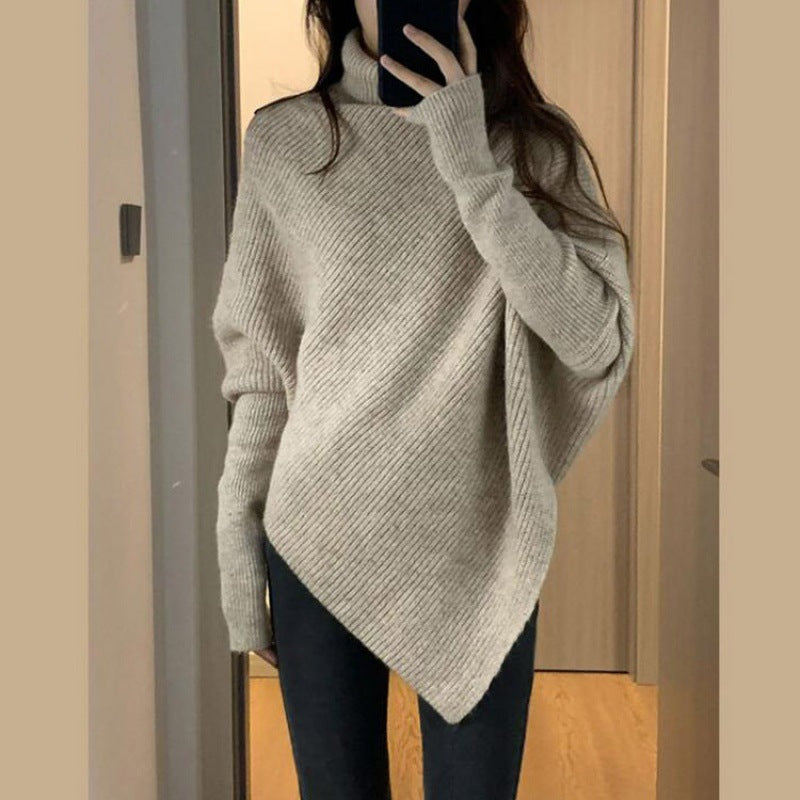 Damen Strickpullover mit asymmetrischem Schnitt und hohem Kragen EB
