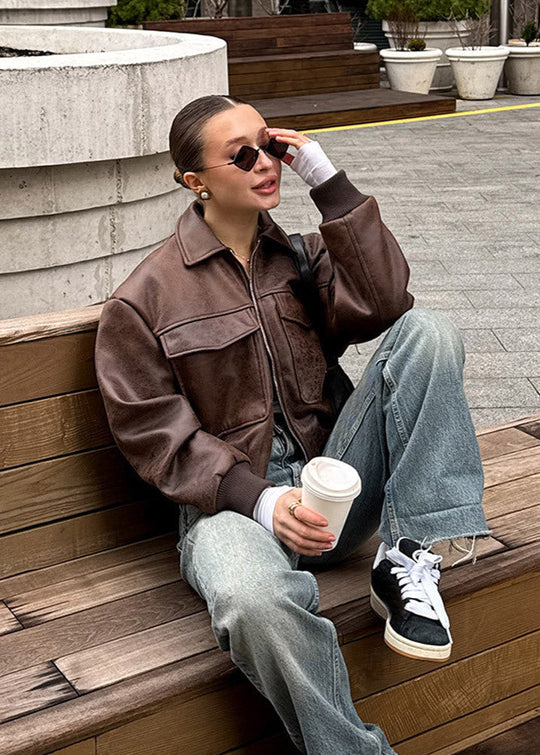 EB | Distressed Fauxleder Zip-Jacke