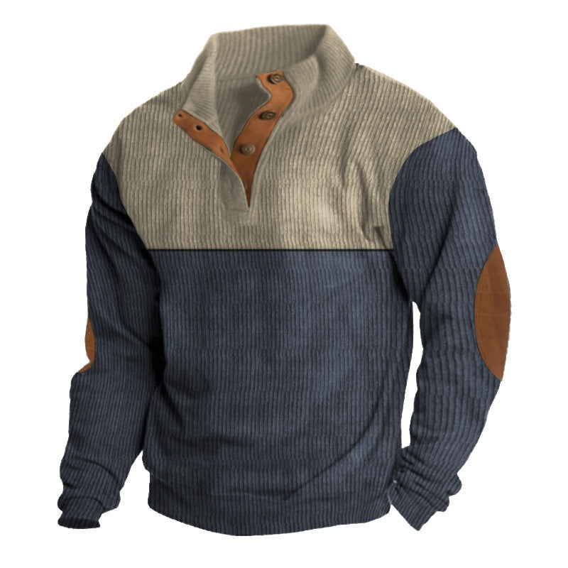 Herren nan grober Rippstrick-Pullover mit Stehkragen, Knopfleiste und markanten Ellenbogenpatches EB