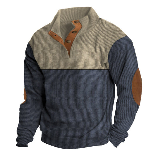Herren nan strukturiertes Rugby-Pullover mit Stehkragen, Knopfleiste und Leder-Ellenbogenpatches EB