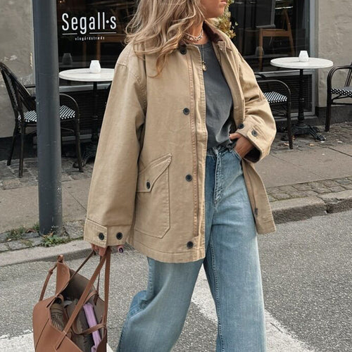 Damen Übergangsjacke mit kordelblauem Kragen und praktischen Taschen EB