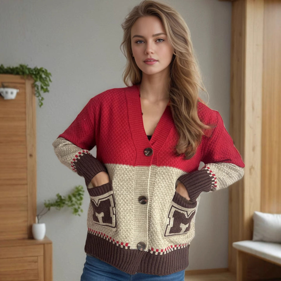 Damen Strickjacke mit dekorativen Taschen und modernem Farbblockdesign EB