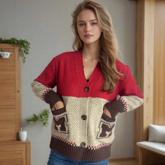 Damen Strickjacke mit dekorativen Taschen und modernem Farbblockdesign EB