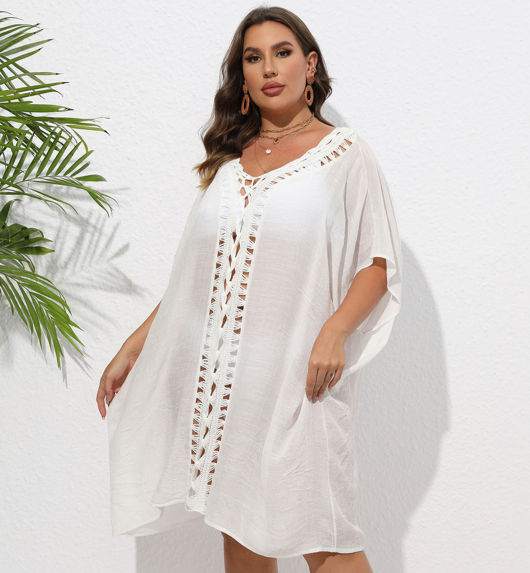 Damen Luftiger Strandkimono mit dekorativer Häkelspitze EB
