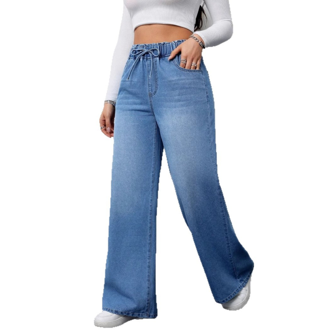 Damen Hochtaillierte Weite Jeans mit bequemem Kordelzug EB