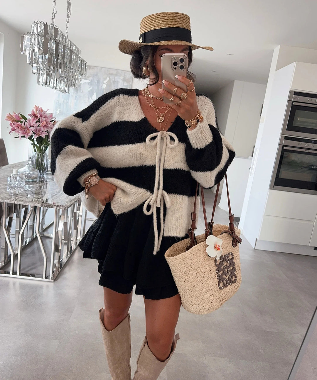 Damen lockere Strickjacke mit breiten Streifen und Bindegürtel EB