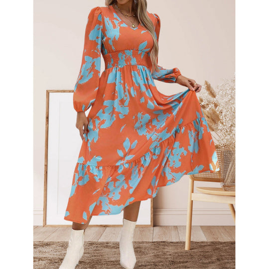 Damen Langarm Maxikleid mit floralen Mustern und voluminösen Ärmeln EB