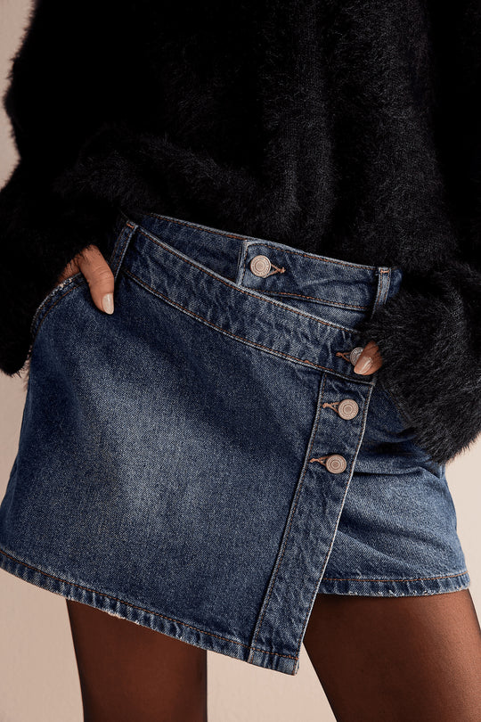 Damen modischer A-Linien-Denimrock mit asymmetrischem Knopfdesign und praktischen Taschen EB