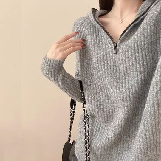 Damen lässiger Strickpullover mit hochgezogenem Kragen und Reißverschluss EB