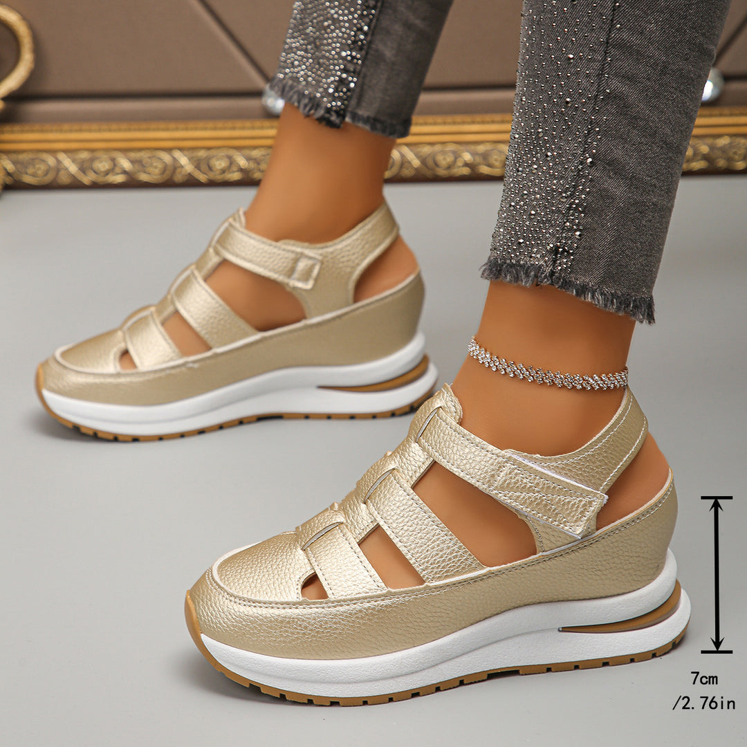 Damen Geschlossene Plateau-Sport-Sandalen mit geflochtenen Riemen und Klettverschluss EB