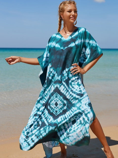 Damen Strandkleid mit V-Ausschnitt und einzigartigem Batikmuster EB