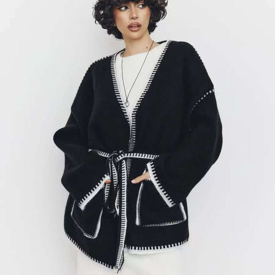 Damen Strickjacke mit weitem Schnitt und dekorativem Gürtel EB