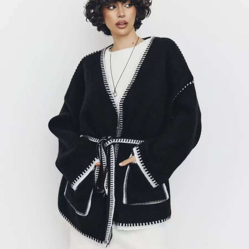 Damen Komfortabler Strick-Cardigan mit praktischen Taschen und Taillengürtel EB