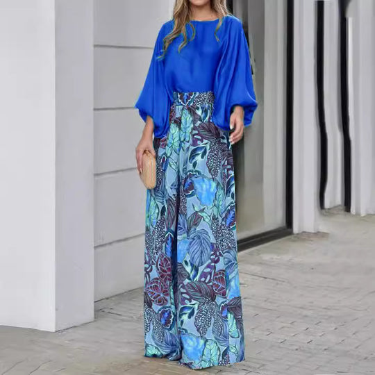 Damen Elegantes Oberteil mit weitem, blumenmusterdefiniertem Hosenensemble EB