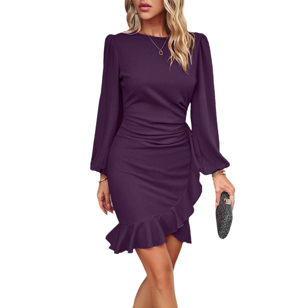 Damen nan figurbetontes Abendkleid mit Puffärmeln und asymmetrischem Volantsaum EB
