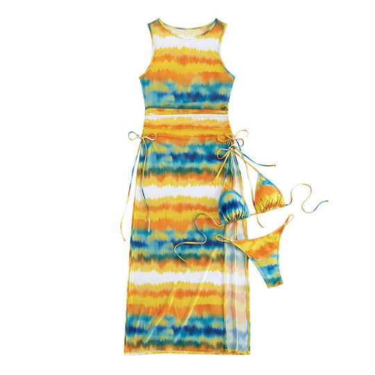 Damen Maxikleid mit modischem Wickeldesign und lebhaftem Tie-Dye-Muster EB
