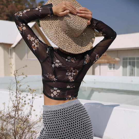 Damen eleganter leichter Mesh-Top mit floralem Muster EB