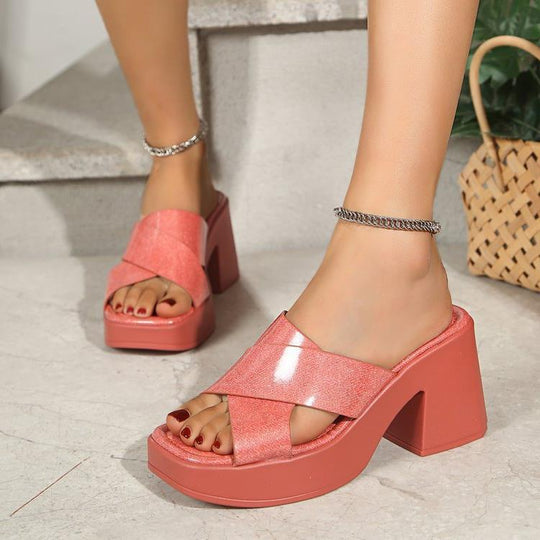 Damen Plateau-Sandalen mit glänzenden Riemen und blockartigem Absatz EB