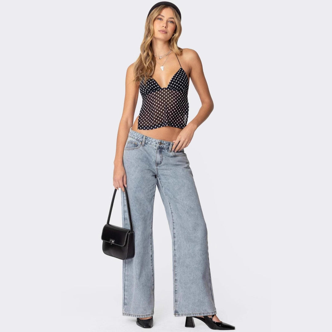 Damen Transparente Bluse mit Punktmuster und dehnten Trägern EB