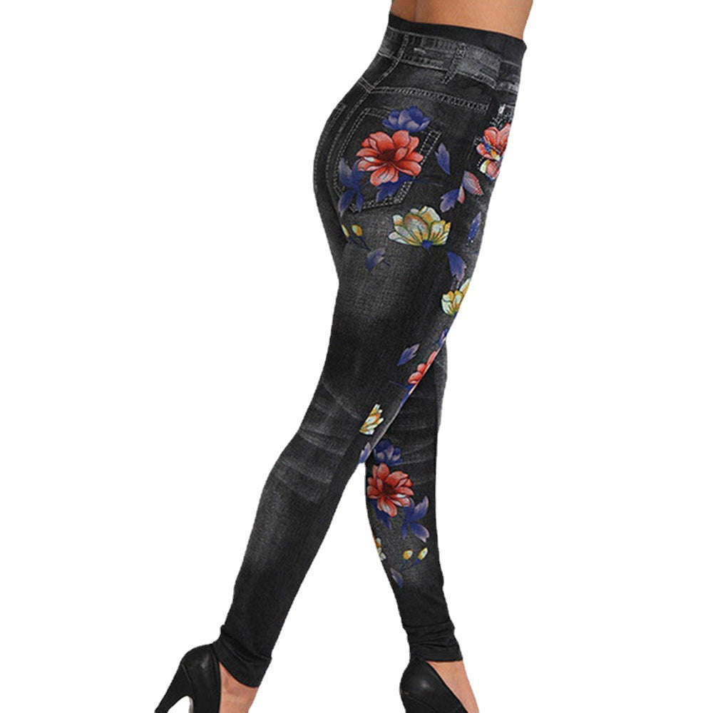 Damen Hochtaillierte Leggings im Jeans-Look mit floralem Motiv EB