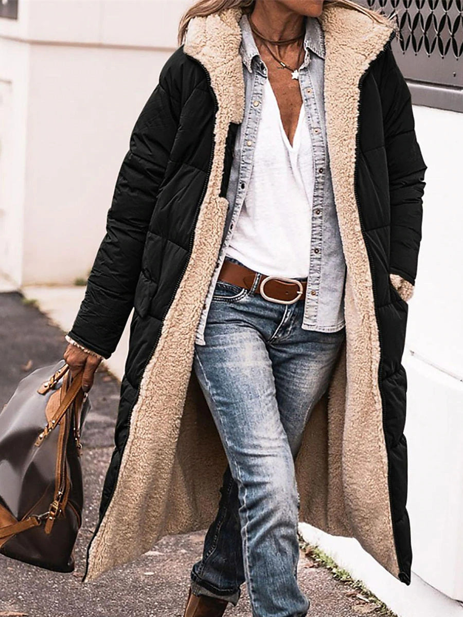 Damen Lange Steppjacke mit kuscheligem Innenfutter und Kapuze EB