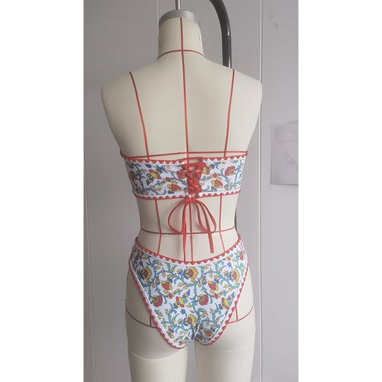 Damen Bandeau-Bikini mit floralem Muster und doppeltem Bortenabschluss EB