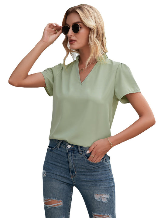 Damen elegantes V-Ausschnitt Blusenshirt aus fließendem Material EB