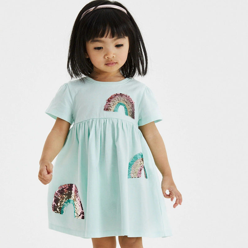 Mädchen Kurzarm-T-Shirt Kleid mit buntem Glitzer-Regenbogen Design EB