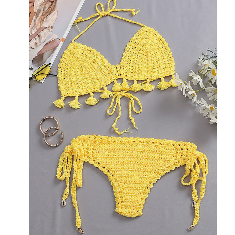 Damen Häkel-Bikini-Set mit fransigen Akzenten und verstellbaren Trägern EB