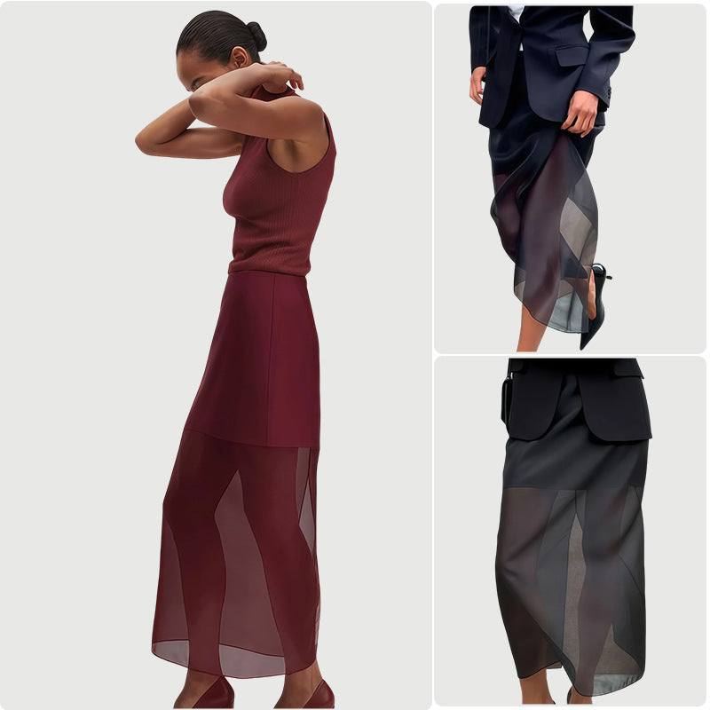 Damen Elegante durchsichtige Midi-Rock mit seitlichen Schlitzen und strukturierter Taille EB