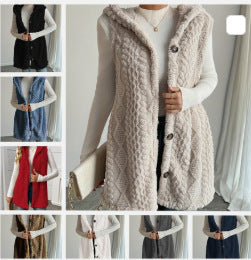 Damen Kuschelige Fleece-Weste mit Kapuze und Knopfverschluss EB