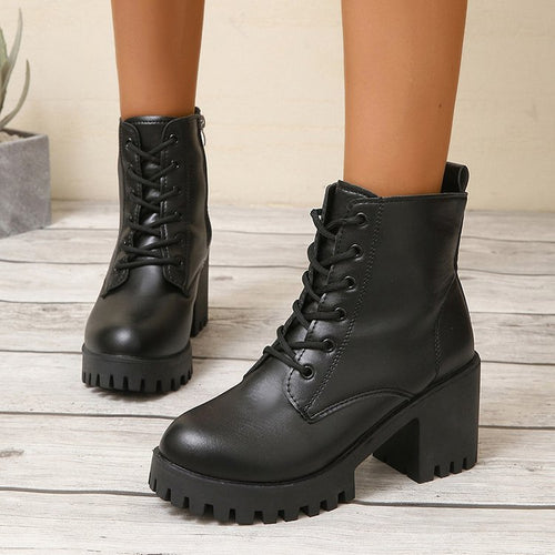 Damen High-Top Stiefeletten mit robustem Blockabsatz und Schnürung EB