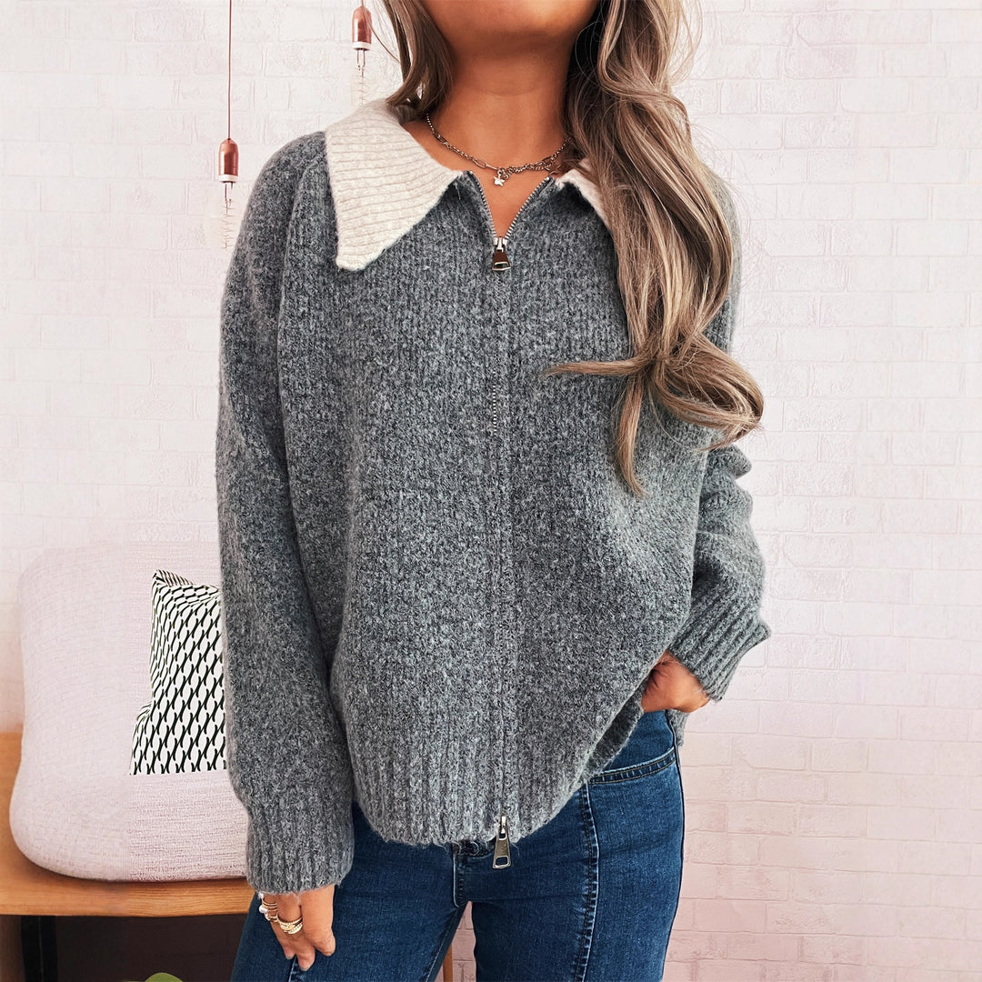 Damen Strickjacke mit modischen Kontrasten und Reißverschluss EB