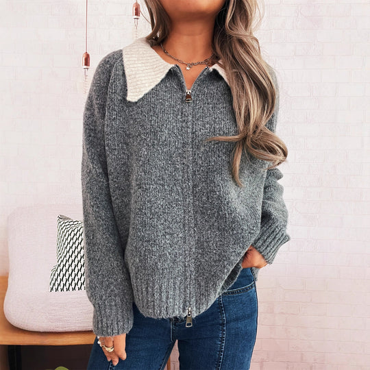 Damen Strickjacke mit modischen Kontrasten und Reißverschluss EB