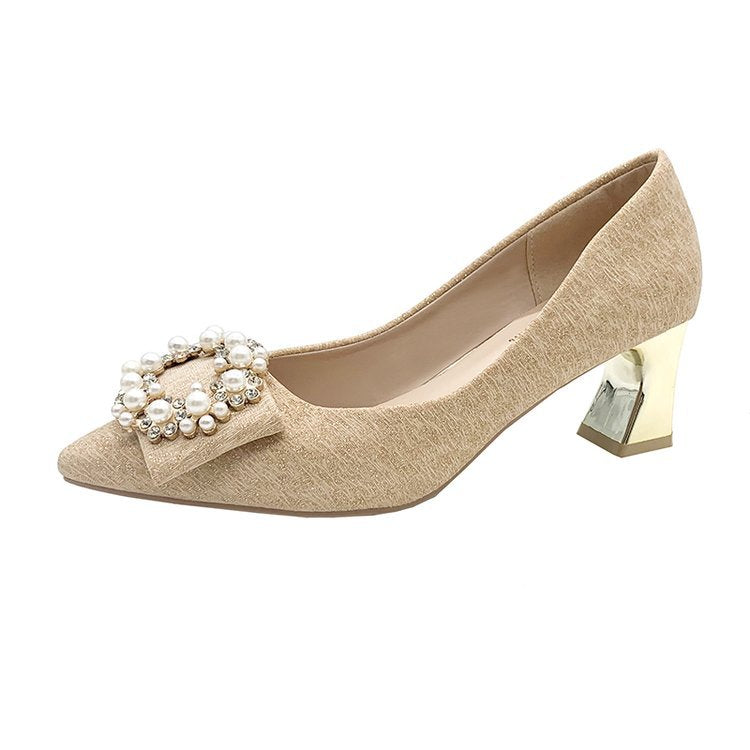 Damen elegante High Heels mit perlbesetztem Schleifenakzent und blockiertem Absatz EB