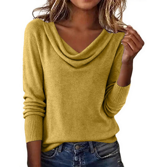 Damen Feiner Strickpullover mit Wasserfallkragen und Rippbündchen EB