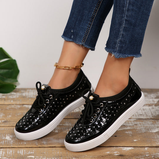 Damen modische Sneakers mit glitzernden Pailletten und präziser Schnürung EB