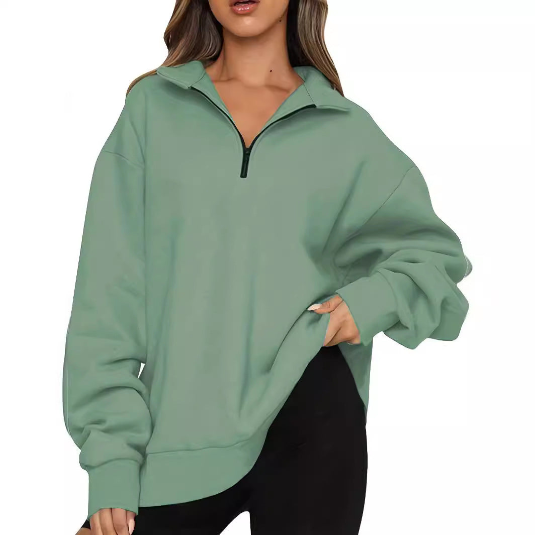 Damen nan Oversized Sweatshirt mit Kurzreißverschluss, Stehkragen und Kängurutasche EB