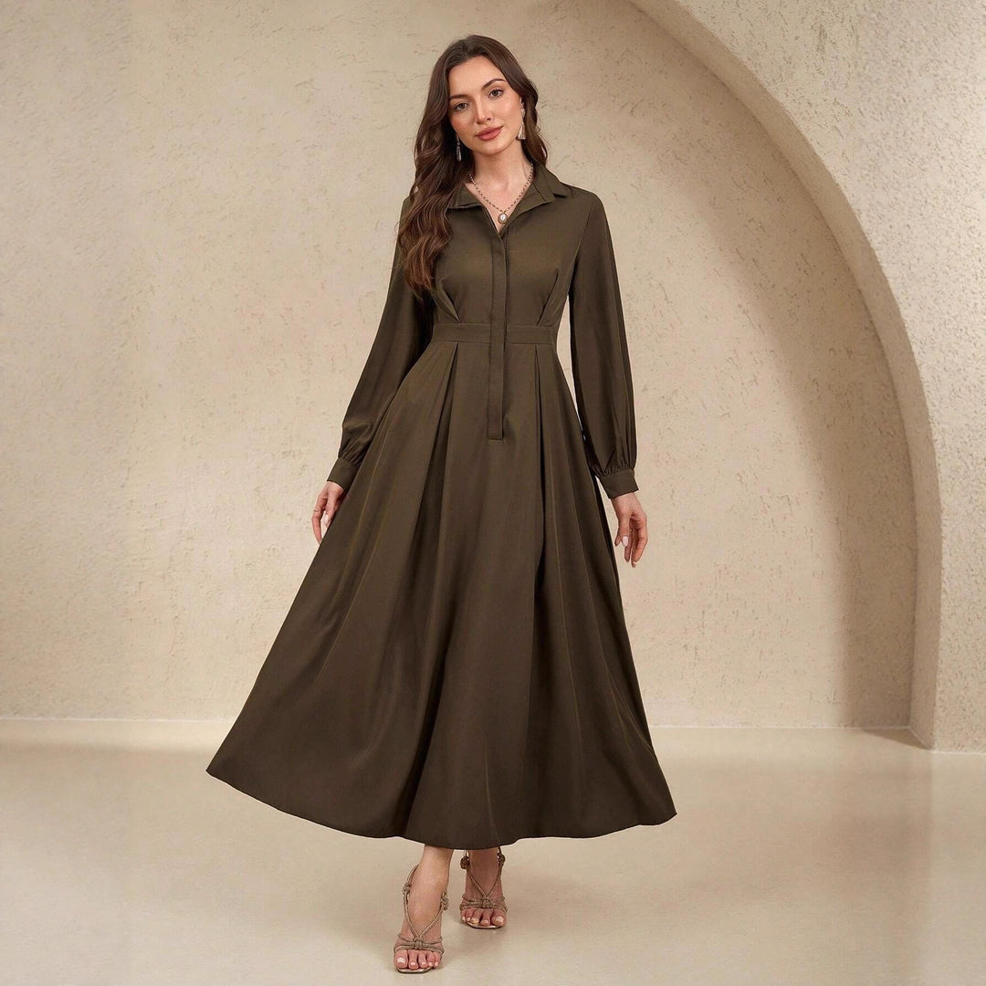 Damen Elegantes Hemdblusenkleid mit schwingendem Rock und praktischen Taschen EB